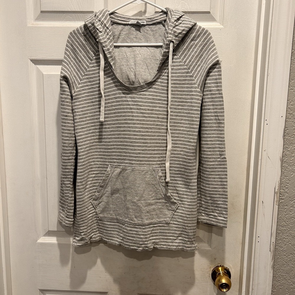 James Perse‎ Grey Striped Cotton Scoop Neck Hoodie Womens Sz 3 L Coastal Minimal